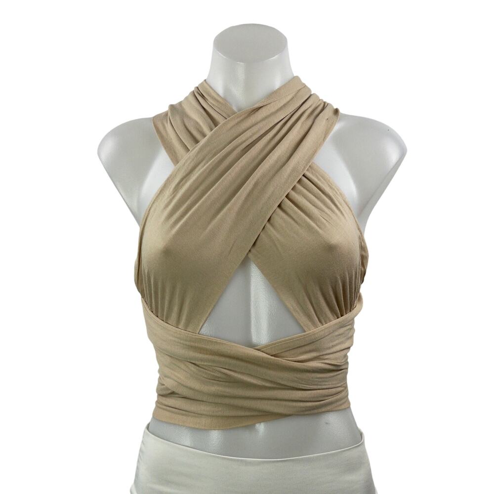 Verge Girl Beige Crossover Strappy Halter Cross Back Sleeveless Crop Top Size 6